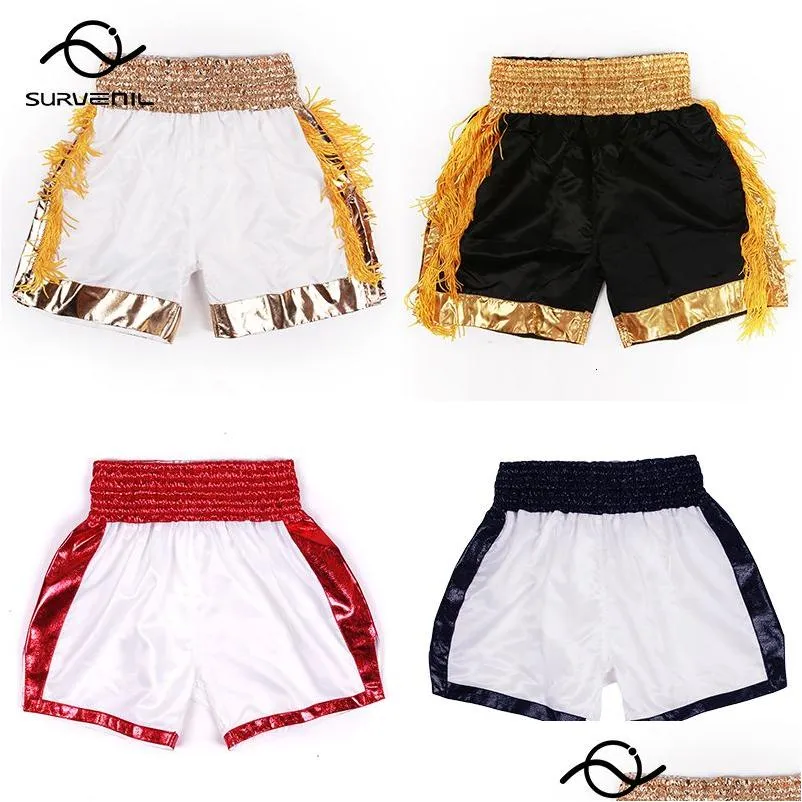 Pantanos cortos para hombres para hombres Thai boxing adt niños plano de taekwondo pantalones satinado poliéster en blanco mma entrenamiento de retransmisión de entrega de vestimenta dhjqk