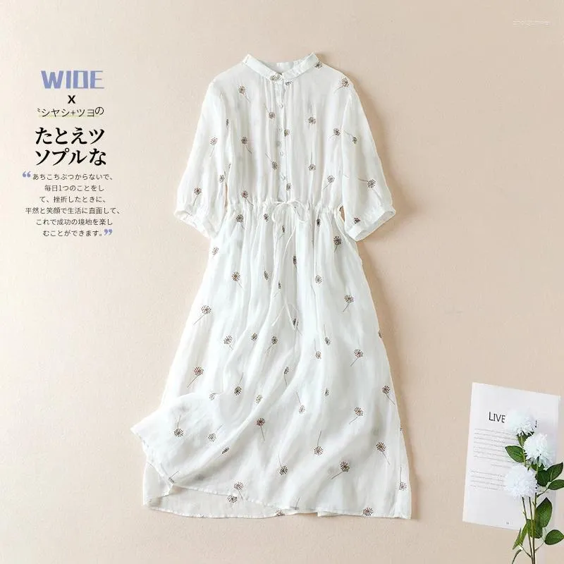 Party Dresses Limiguyue Summer Floral Brodery Cotton Linen Dress Kort ärm Slå ner krage Elastisk midja Drawstring Midi U820