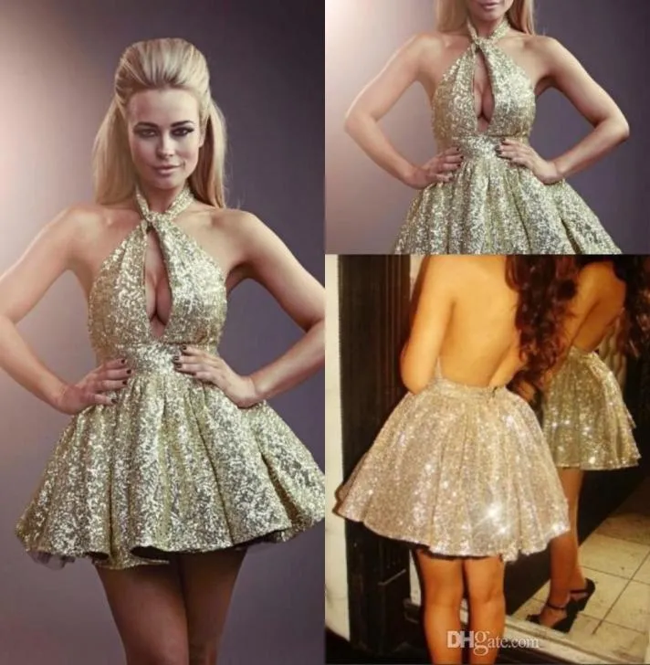 2019 sexy Pailletten Homecoming -Kleider Halfter Prinzessin Ballkleid Rückenlose Pailletten Kurzabschlussabschluss