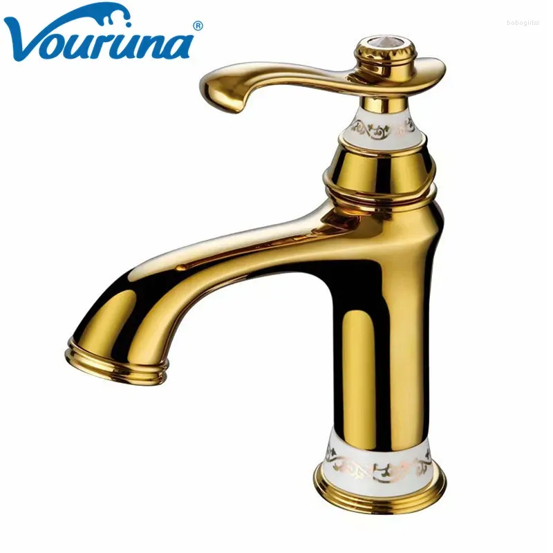 Torneiras de pia do banheiro Vouruna apressou a torneira de bronze sólida de bronze sólida misturadora de bacia de alavanca única Tap White/Golden/Chrome/Antique Brown