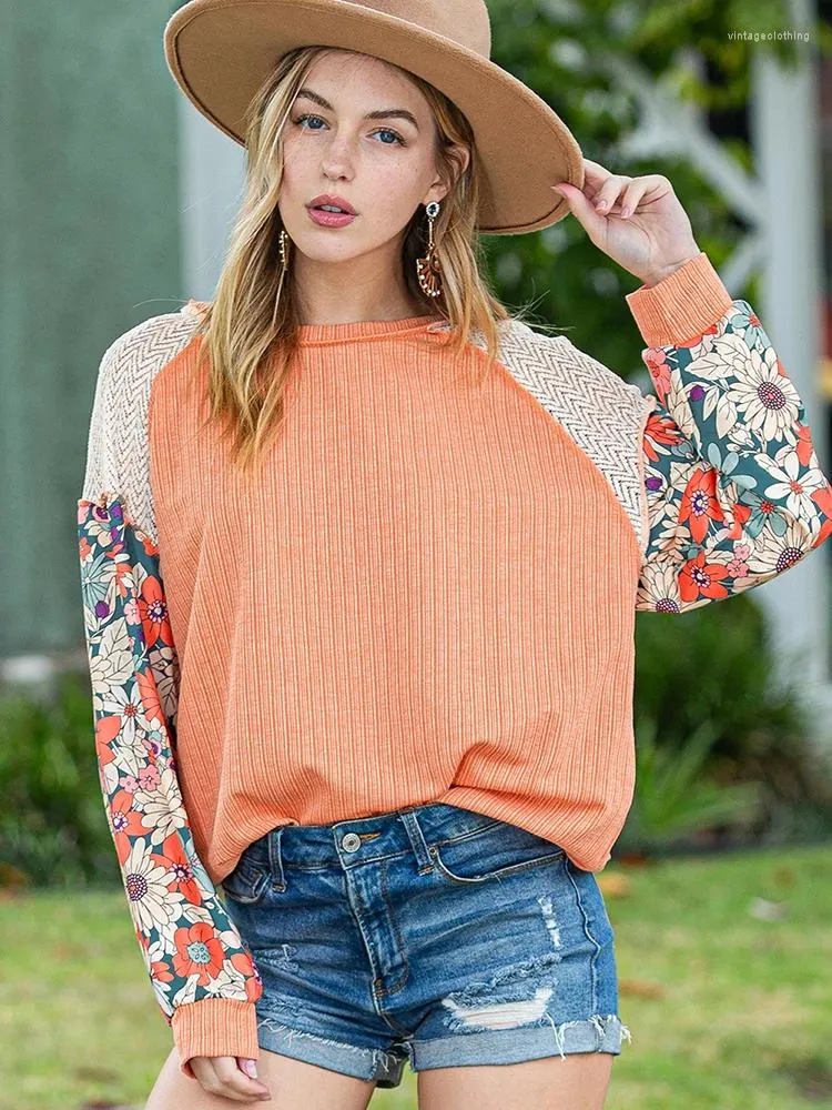 Blusas femininas ciganos gypsylady boho laranja floral blusa primavera verão verão manga longa malha casual feminino tops de mulheres