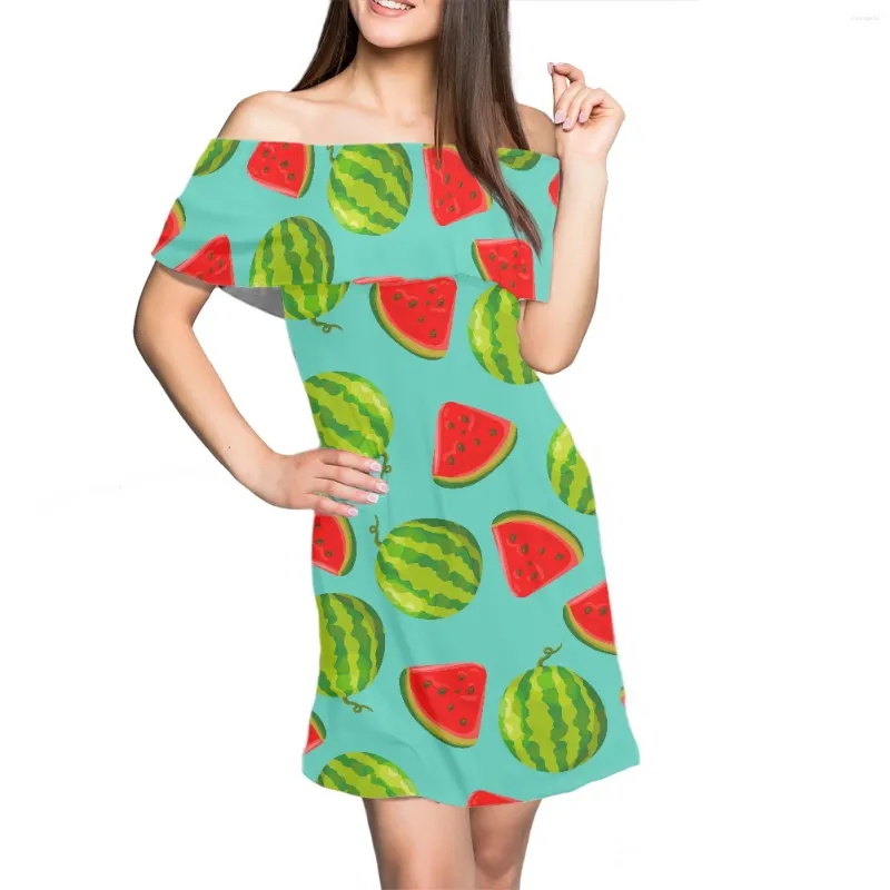 Casual Dresses 2024 Design Watermelon Print Dress Ladies Fashion High Quality Plus Size Pleated Off the Shoulder