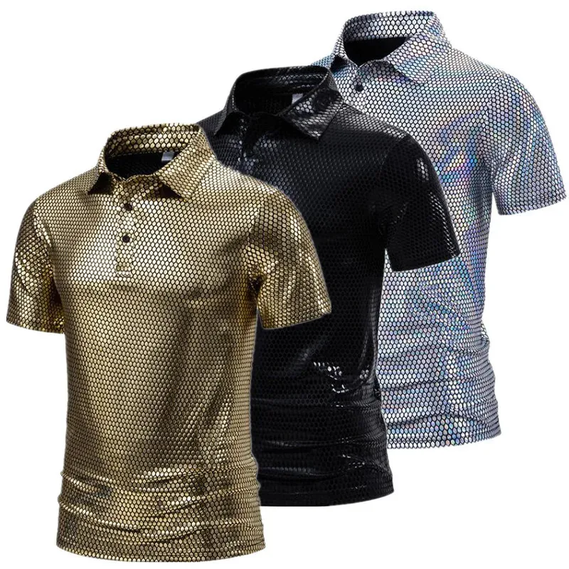2024 Summer Mens Short Sleeve Polo Dorts Black Gold Silver Fashion Men Bar KTV Plaid Plaid Tshirt 240403
