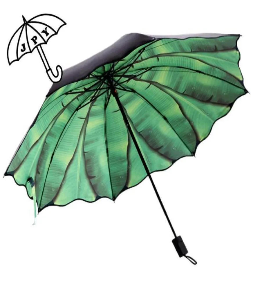 Umbrellas Forest Banana Tree Rain Umbrella Green LeBlack Coating Sun Parasol Fresh 3 Folding Female Dualuse Sunscreen9405301