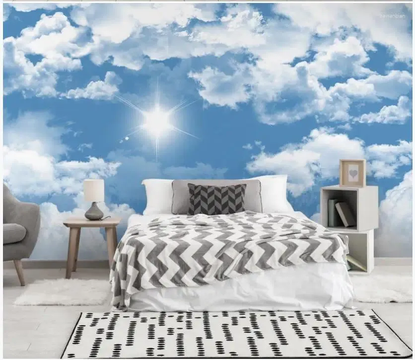 Bakgrundsbilder Anpassade PO Bakgrund 3D -väggmålningar för väggar 3 D Moderna Medelhav Blue Sky White Clouds Seagull Children's Room