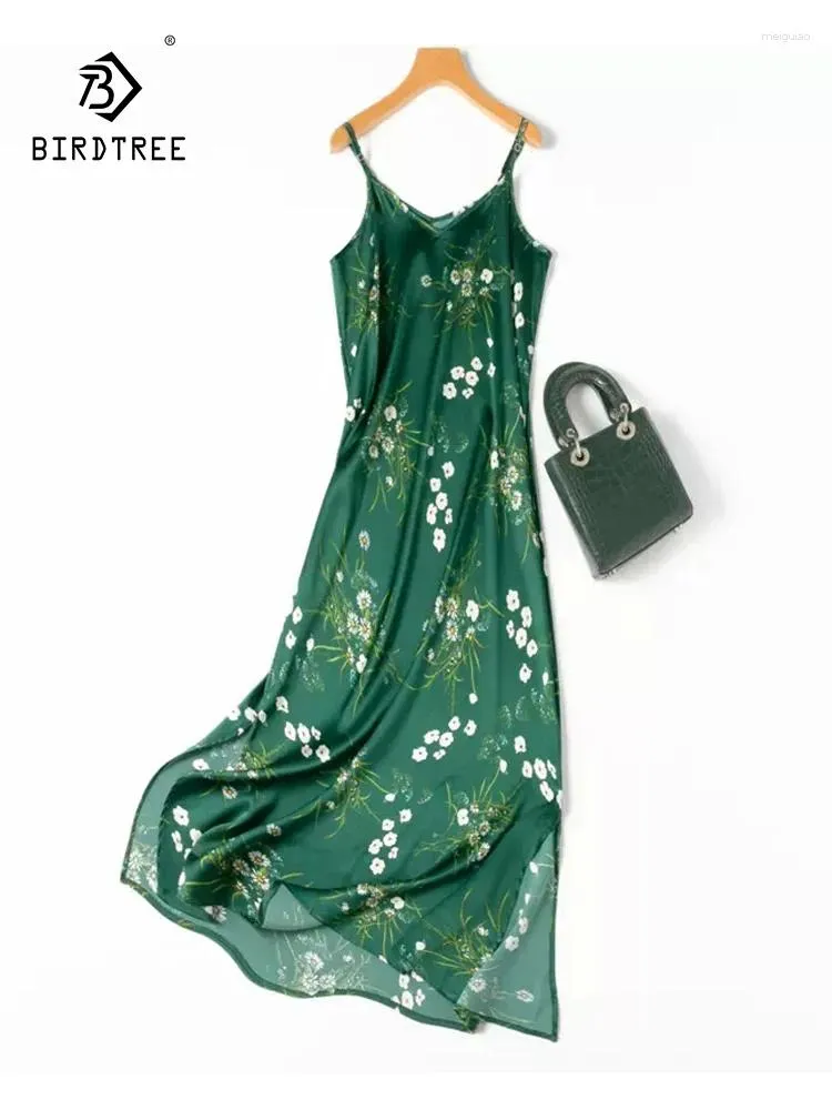 Casual Dresses BirdTree 93%Real Silk Elegant For Women Spaghetti Strap Printed Vacation Appear Thin Dress 2024 Summer D44134QC