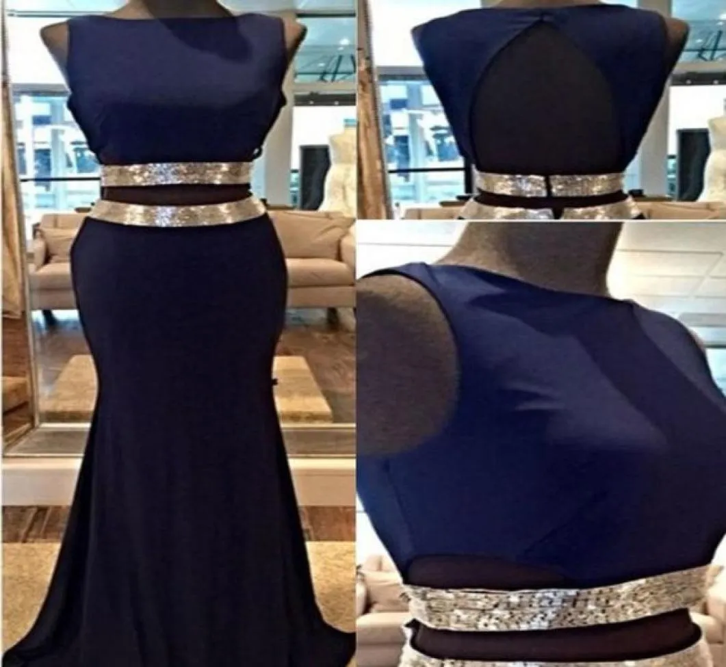 Azul marino azules de dos piezas vestidos de fiesta 2016 tren de barrido hecho a medida hacia atrás, imagen real de la noche, vestidos de noche formales Vestidos de Festa9750369