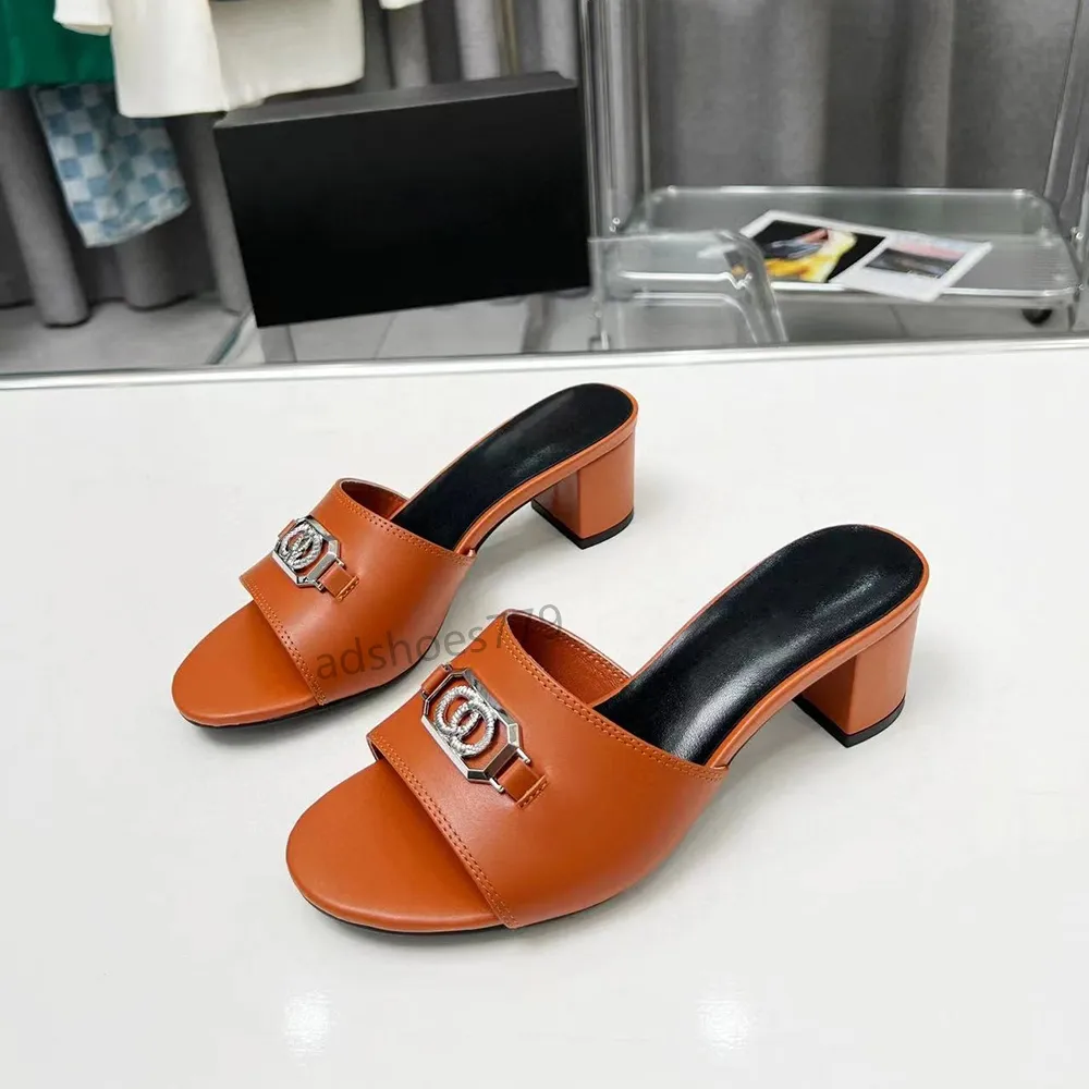 Lady 50mm Block Heel Slippers Mules Sandals Calfskin Silver Hardware Buckle Leather Outrole Slippers Luxury Designer Street Style Slippers 35-43 With Box