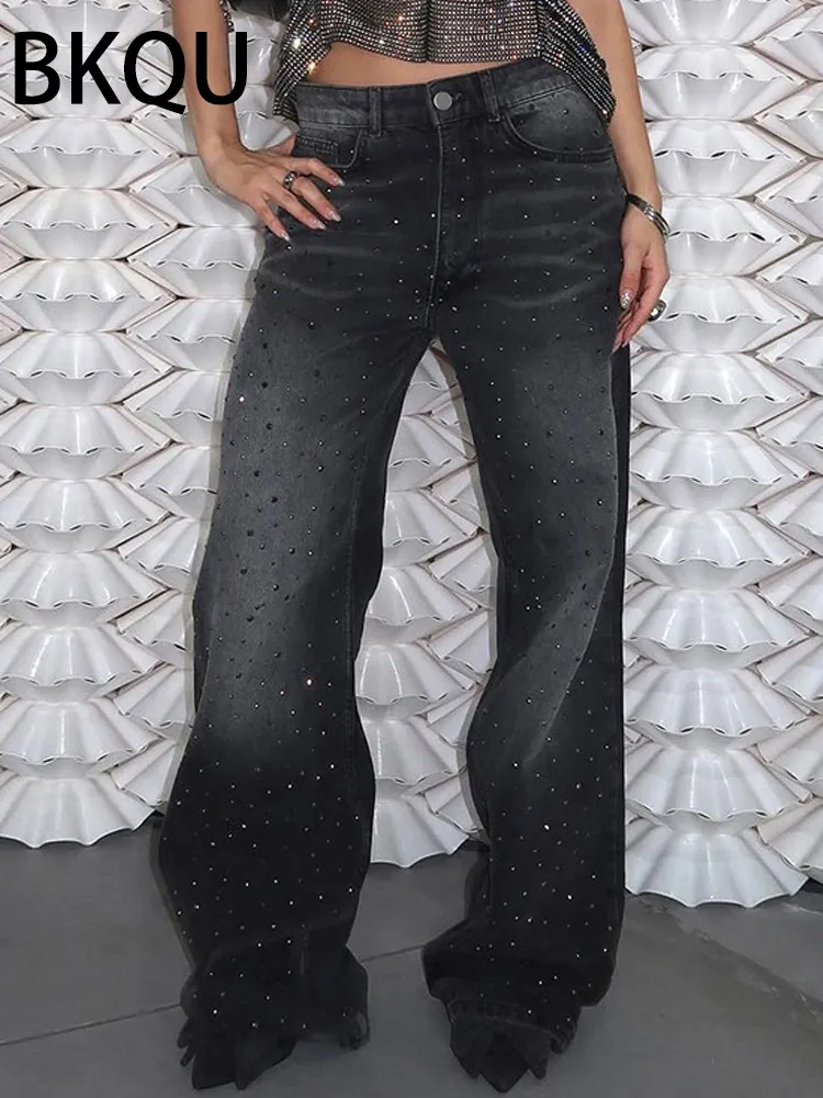 2024 Black Diamond Rhinestone Wide-Leg Jeans: High Waist Straight