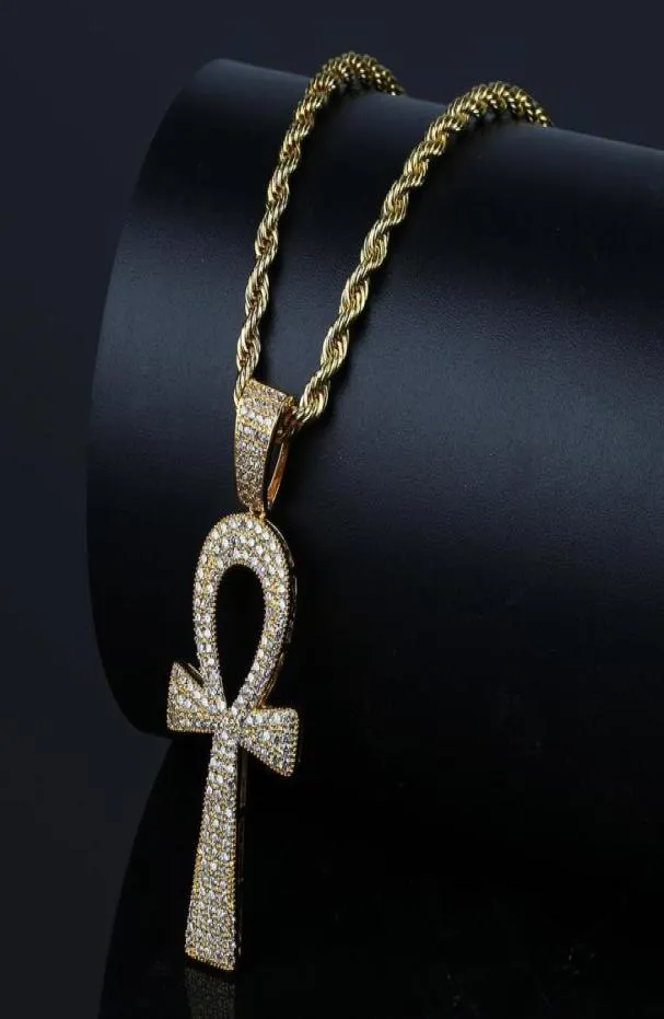 Hip Hop Silver / Gold Couleur Jésus Égyptien ankh Collier pendentif clé Cumbic Zirconia Longues chaînes pour hommes et femmes7496623