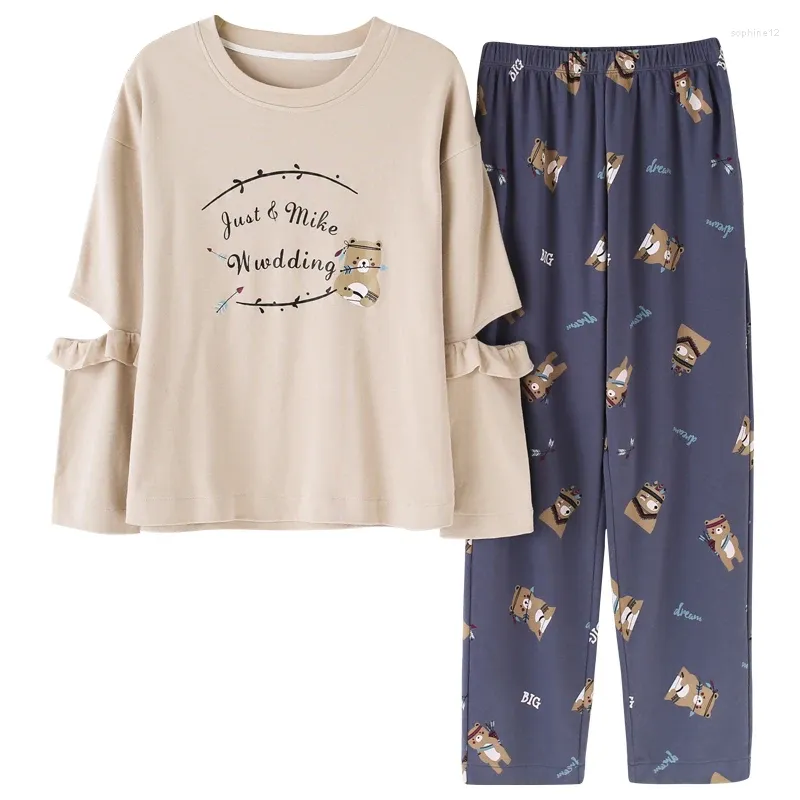 Vêtements à la maison Automne Coton d'hiver Coton Carton 2 pièces Set Femmes Pyjama Pyjamas Long Round Cou Big Taille M-XXL FEMMES FEMMES VACES