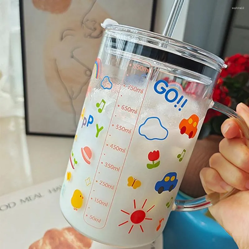 Weingläser tragbarer 1000 ml Cartoonglas Tasse mit Deckelgetränk Milch große Kapazität Graduierte transparente Wasserstroh