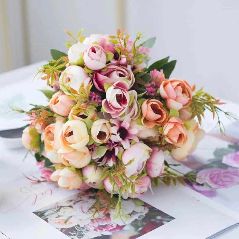 Decorative Flowers Artificial Silk Tea Rose Bride Bouquet DIY Home Christmas Table Decor For Wedding Daisy Flower Fake Plants