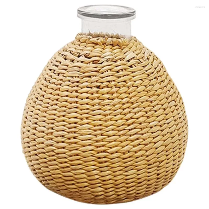 Vases Woven Rattan Glass Vase Decorative Flower Office Home Diffuser Bottle Ornament