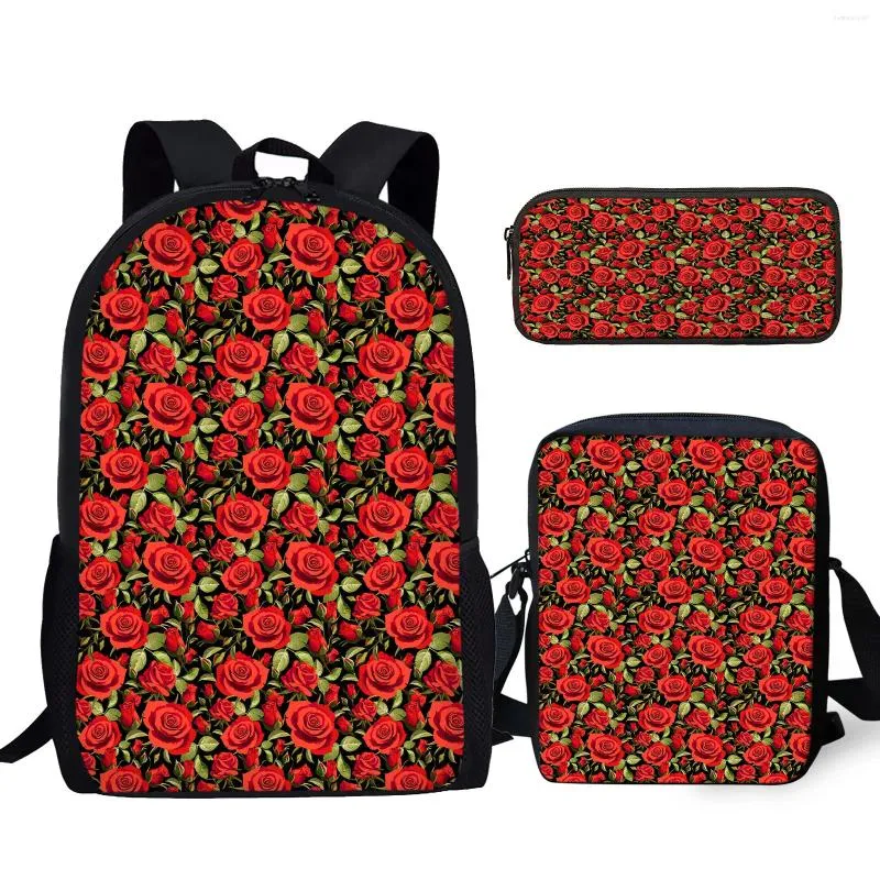 Rugzak Yikeluo Red Rose 3D Printing Teenager Notebook Bag Student Tekstboek met Zipper Casual Messenger Pencil Case