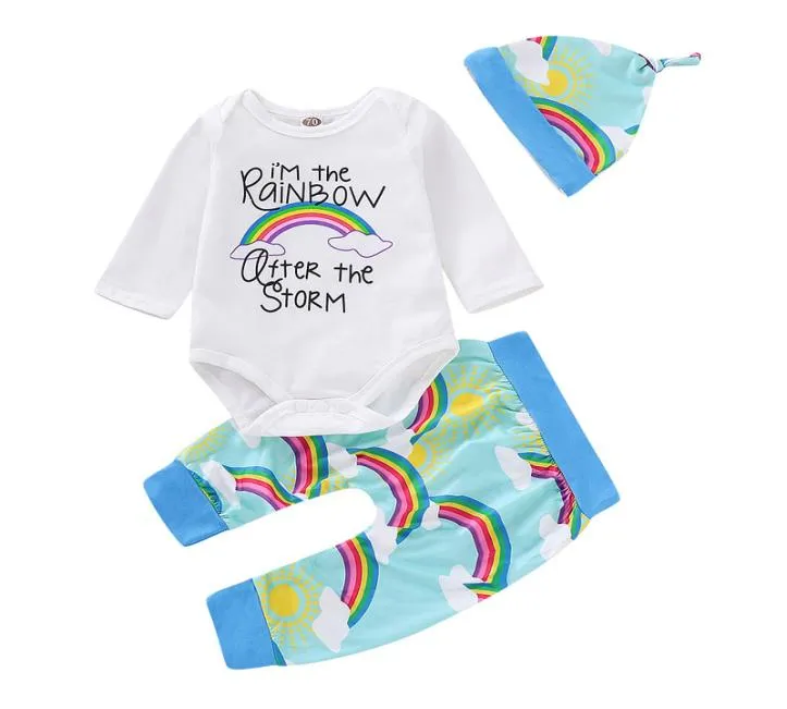 newborn baby cartoon suit infant boy girls letter rainbow romper tops kids casual clothes baby casual pants hat threepiece suit 061924561