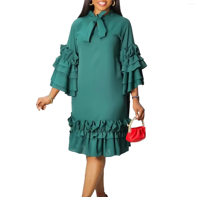 Etniska kläder 2024 Eleganta afrikanska klänningar för kvinnor Summer Fashion Africa 3/4 Sleeve Polyester Solid Color Midi Dress Dashiki