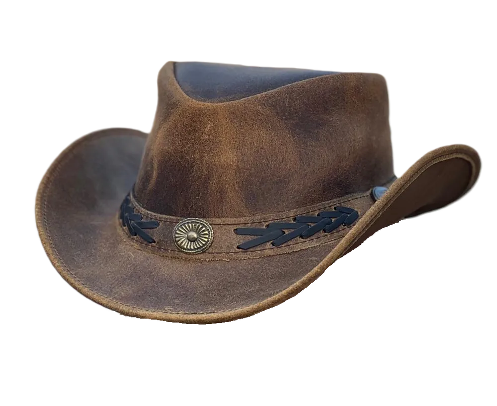 Heren Echt lederen Australische westerse cowboystijl Tan Crazy Horse Bush Hat