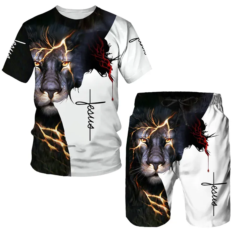 Shorts Summer 3d Lion incrociata magliette da uomo/pantaloncini/tuta manica corta Gesù adoro tutti Christian Street Wear 2 PCs Set