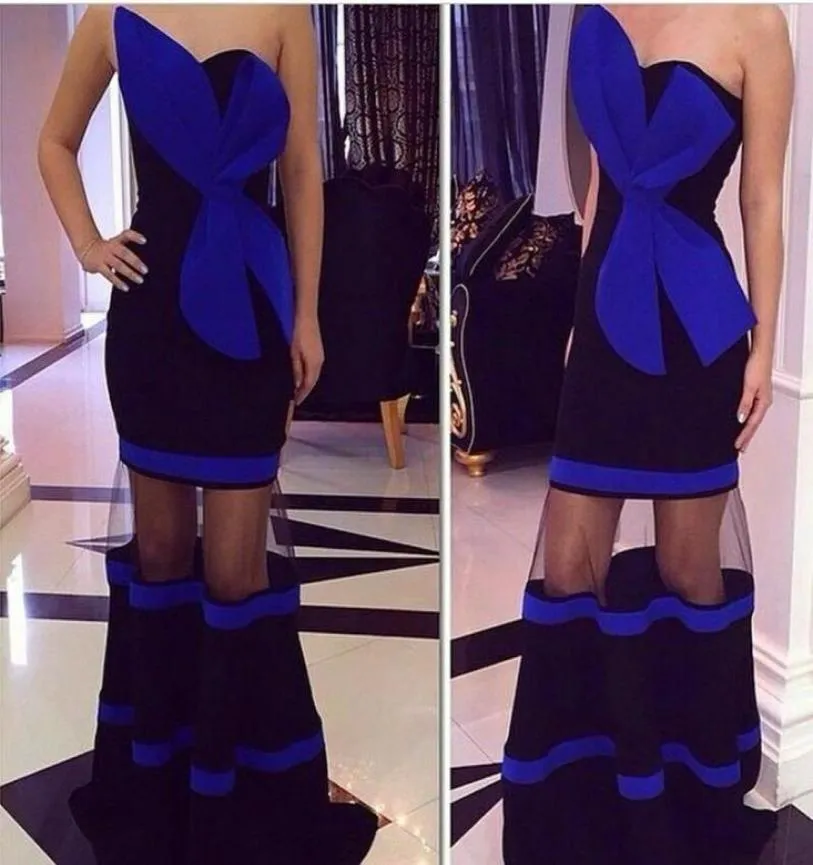 Design exclusivo vestidos de noite sem alças 2016 azul e preto Sexy sem costas Veja através de vestidos de baile Partido formal da Arábia Saudita Vesyido8055688