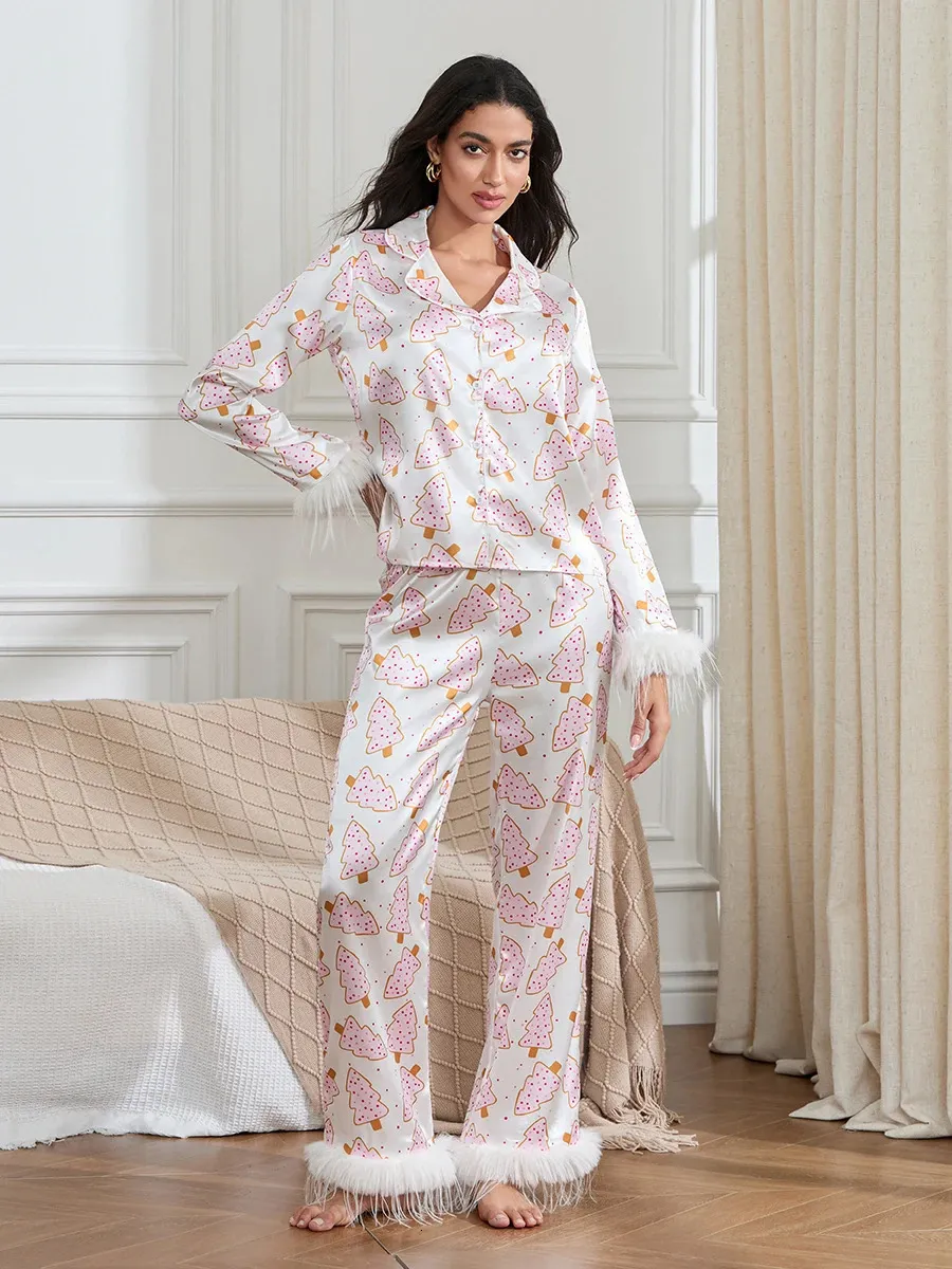 Christmas Tree Print Womens Lounge Set Down With Feather Splicing Long Sleeve Button Up Shirt And Pants Outfit 241113 From Zara02 22.25 DHgate.Com