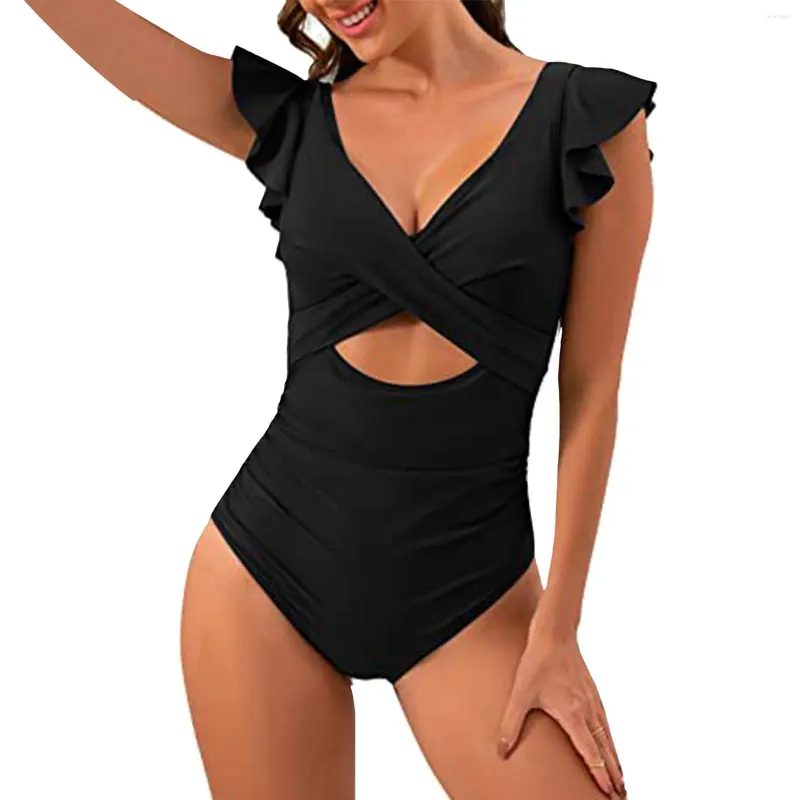 Kvinnors badkläder 2024 S-XL Splicing Ruffled Frilled Women One-Piece Swimsuit Kvinna V-Neck Solid Color Bather Bathing Swim Clothes