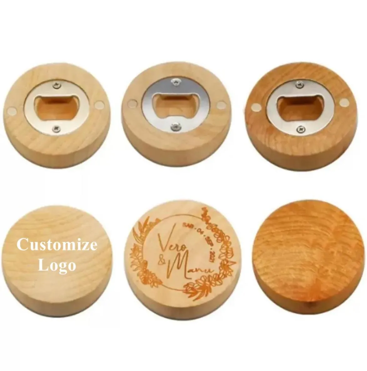 Peut personnaliser les blancs ouvreurs bricolage de gravure du logo en bois ronde ouvre-cabine frigo réfrigérateur magnétique décoration fy3882 04205202016