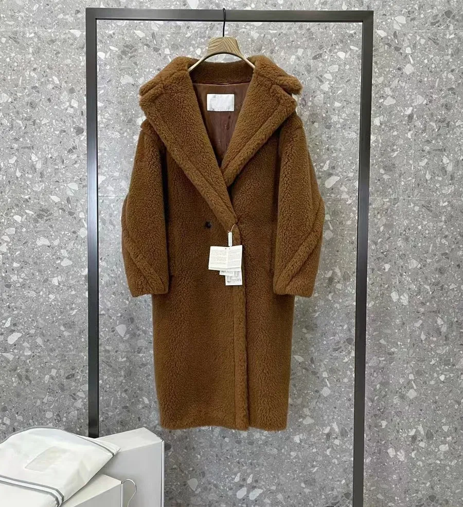 Champagne MM teddy girl icon alpaca fur x-long double-breasted