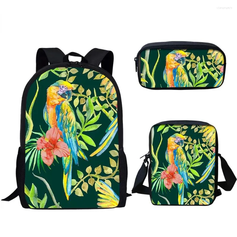 Mochila Moda Trendy Fashion Parrot Floral 3D Impressão 3pcs/set pupil School School Laptop Daypack Inclinado com bolsa de ombro de lápis