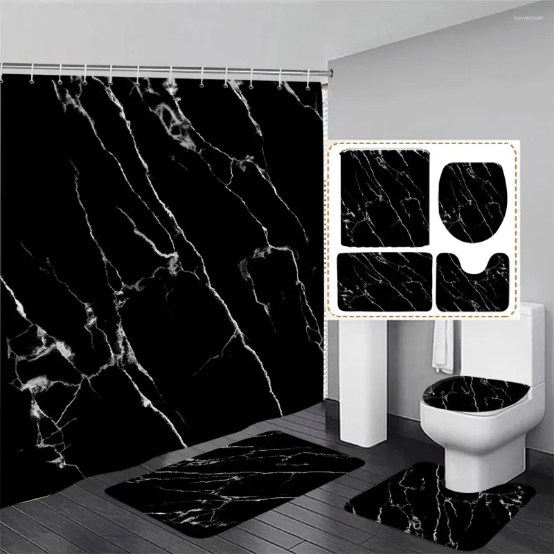 Shower Curtains Abstract Black Marble Curtain Set White Crackle Pattern Modern Geometric Home Bathroom Decor Rugs Bath Mats Toilet Cover