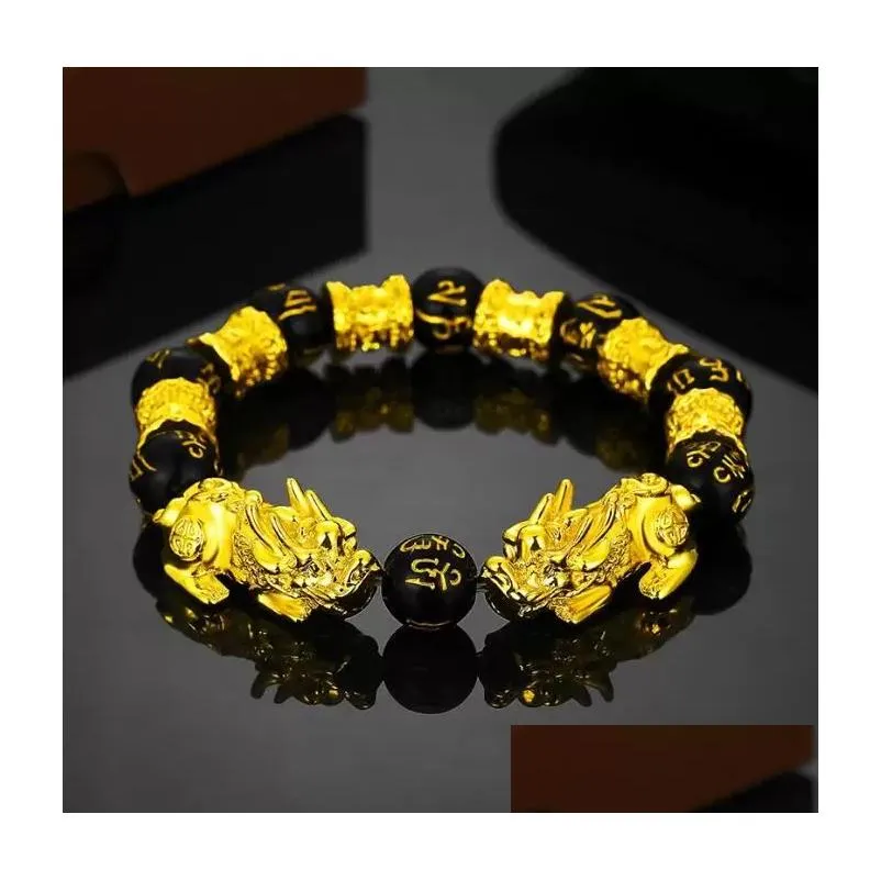 Mis de miçangas riquezas fios de pulseiras Jóias de jóias Black Obsidian Contas Pixiu Bracelet Six Words Prosperidade Feng Shui Pi Xiu para Men D Dhd0v