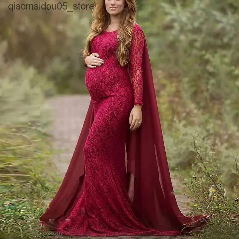 Maternity Dresses Floor length lace dress elegant womens O-neck long sleeved robe baby shower pregnant woman photo shoot long dress Q240413