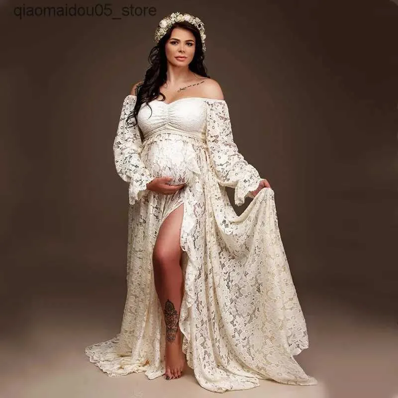 Maternidade vestidos de 2 em 1 gestantes boêmias roupas fotográficas fotografia boêmio gestante fitontar fotografando fotos de ovelha longa de ovelha feminina vestido de renda de flor Q240413