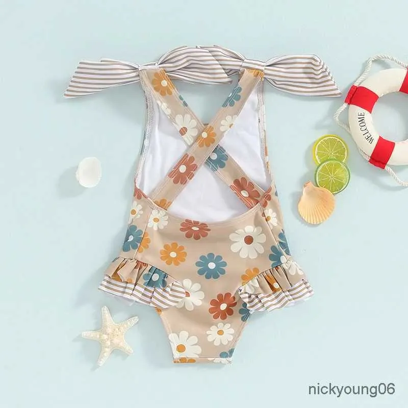 Pieces Summer Toddler Kids Girls Terreias Floral Prinha Floral Bowknot Ruffles Sleeseless Bodysuits Bodyswear Bikinis Ternos de banho