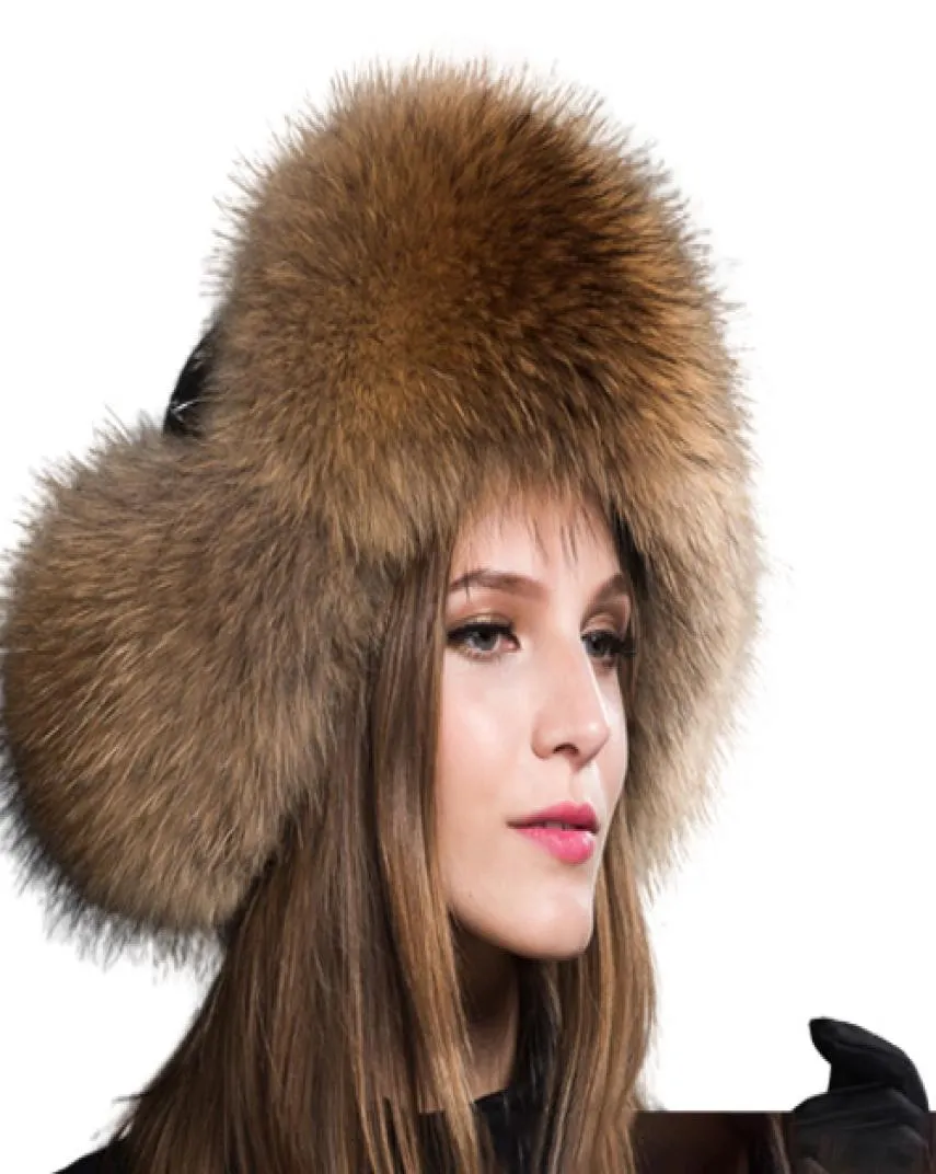 冬の暖かい女性100本物のアライグマファーハットロシアの本物の毛皮の爆撃機女性のための耳のフラップ工場の専門家デザインqual6037320
