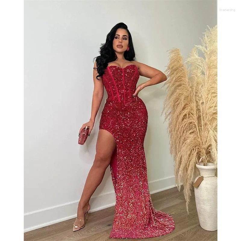 strapless open back dress Honey Couture ZUMA Red Sequin Strapless Corset Bustier Mermaid Formal main image 1