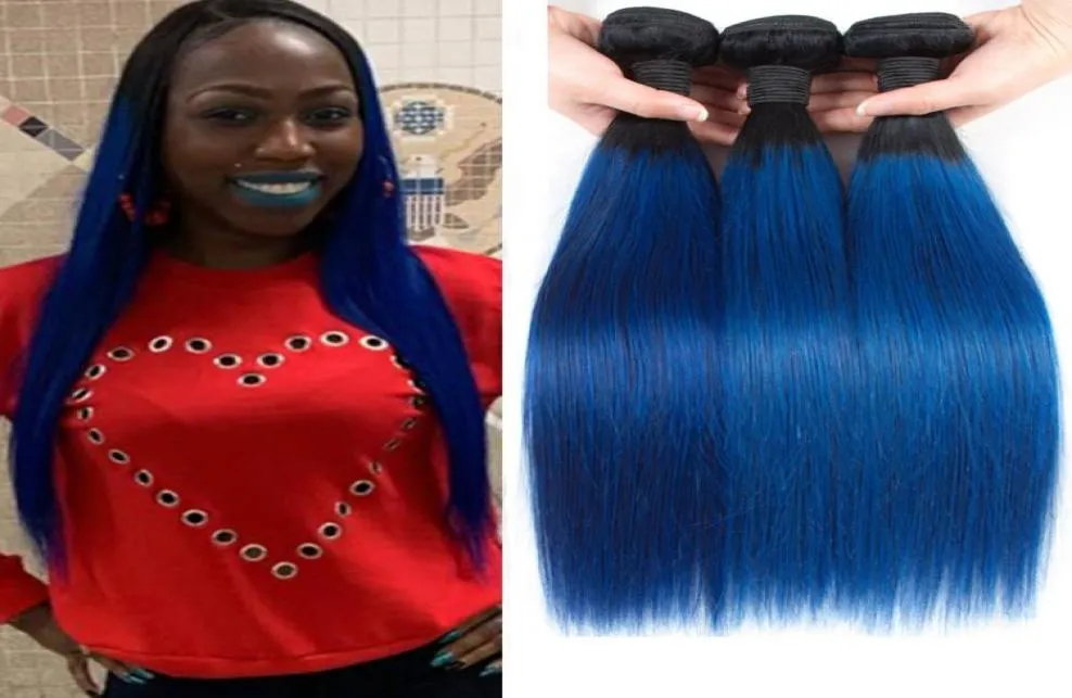 Indian 100 Human Hair 1b azul reto Cabelo virgem colorido 1BBlue reto 3 pacotes 1226 polegadas Extensões de cabelo 2846601