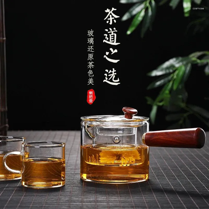 Set di stoviglie manico laterale teiera in vetro set di tè in legno per pera domestico personalizzato