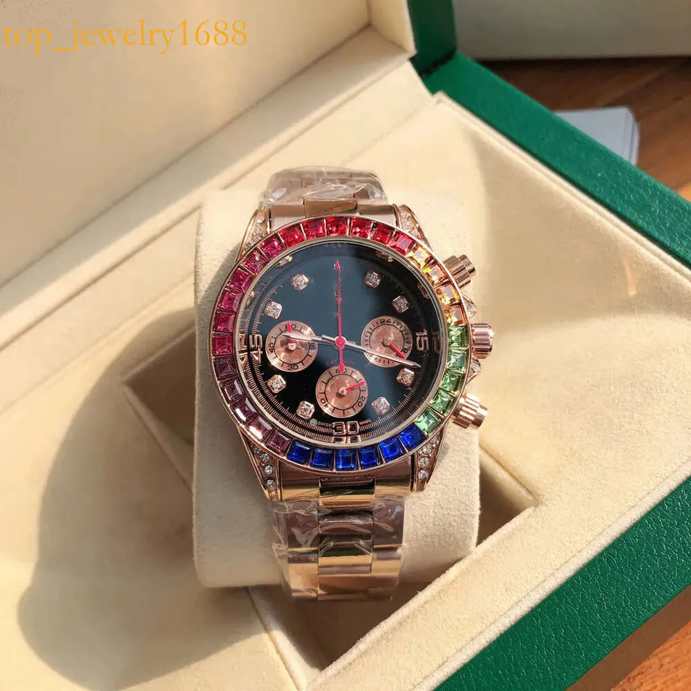 Iced Out Rainbow Diamond Mens Quartz Chronograph Stone Водонепроницаемый 904 Дизайнер Montre Luxe Vipwatch 007 Moissanite Watch