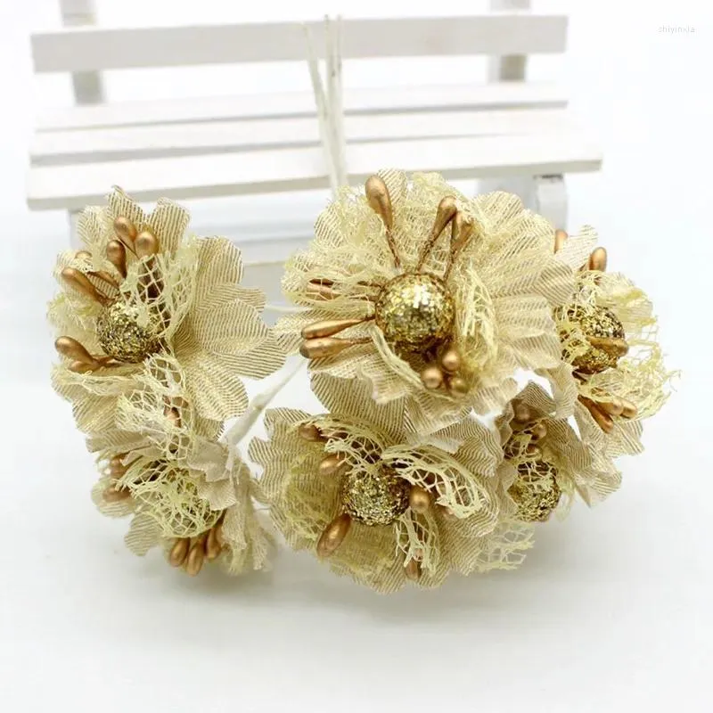 Decorative Flowers 60pcs 4.5cm Gold Silver Artificial Fabric Cherry Blossom Flower Bouquet DIY Wreath Box Wedding Decoration Scrapbooking