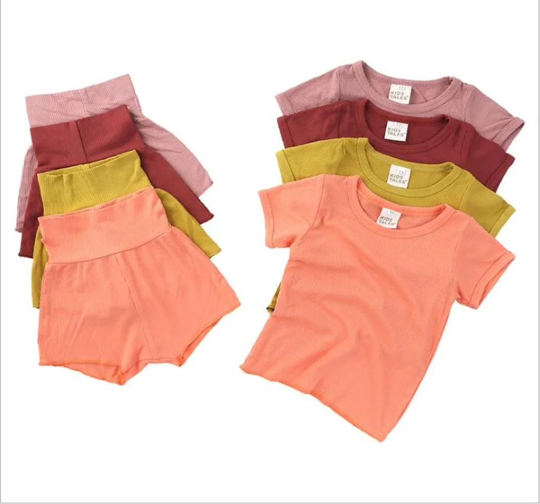 Kids Designer Design Girls Candy Color Pyjama Sets jongens zomer Casual Nightwear Cotton Korte Mouw Tops Shorts PP broek Slaap S8016358