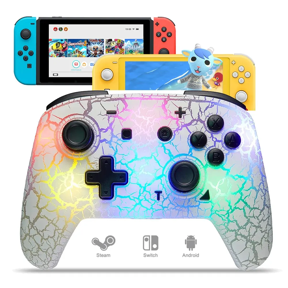 GamePads Wireless Switch Pro Controller pour Switch Lite Lite Oled 8 Colors LED Remote sans fil Gamepad avec une fissure Unique Crack Turbo Moti