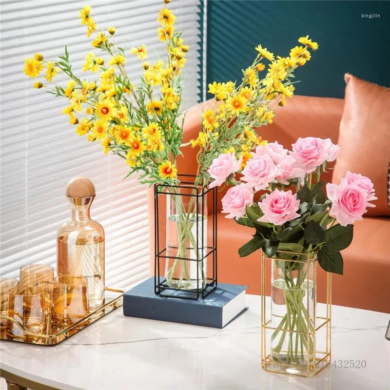 Vases Square Electroplate Golden Borosilicate Vase Vase Home Decoration Living Room Table Flower Arrangement