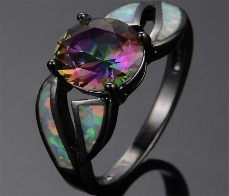 Pierścionki ślubne Czarne złoto wypełnione wielokolorowe Mystic Rainbow Stone Trendy White Opal Ring7928390