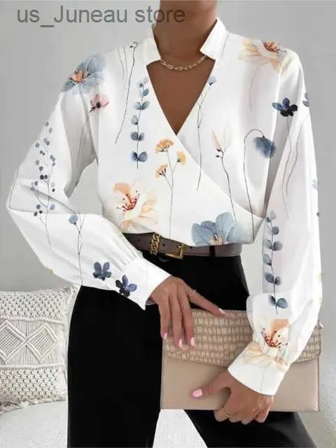 Women's Blouses Shirts Autumn Women Sexy V Neck Long Slve Shirt Top Fashion Floral Printing Blouse Tops 2023 Elegant Casual Office Lady Blouses 1 T240415