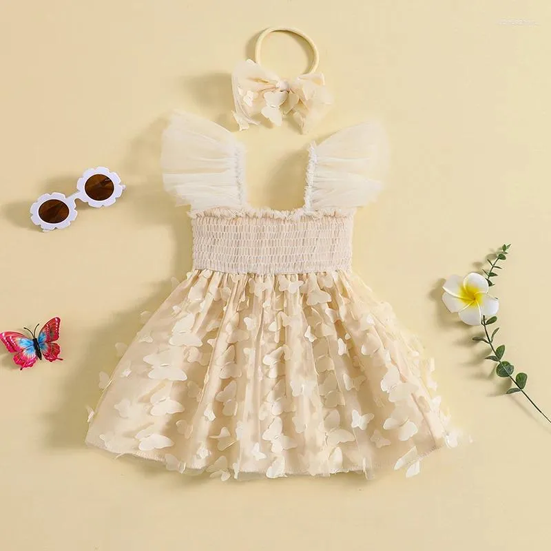 Girl Dresses Baby Girls Butterfly Tulle Dress Solid Ruffle Mesh A-line Romper Tutu With Headband Princess Clothes