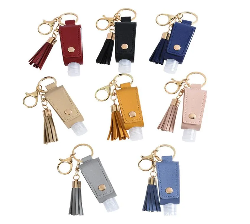 20pcs Hand Dasizizer Bottle En cuir couvercle avec tapis clés de pavillon Portable Désinfectant PU Cuir PU Porte-bouteille vide Keychain1170241