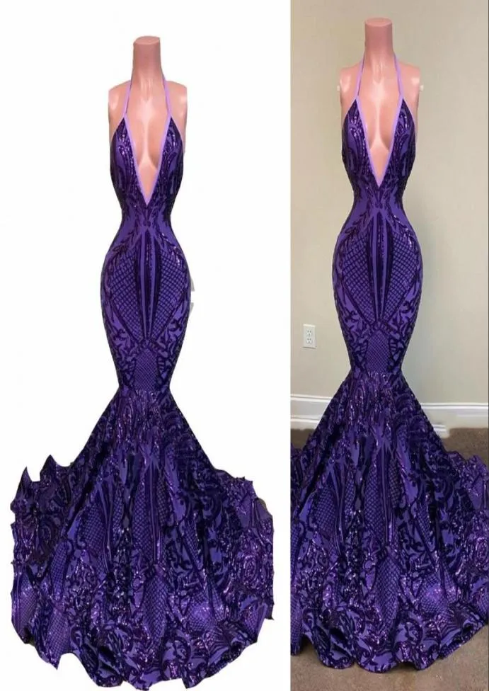 2022 Purple Farkly Pailletten -Spitzen -Prom -Kleider sexy Rückenless Halter Deep V Hals African Girls Meerjungfrau Pailletten Lange Frauen formale ev4414212