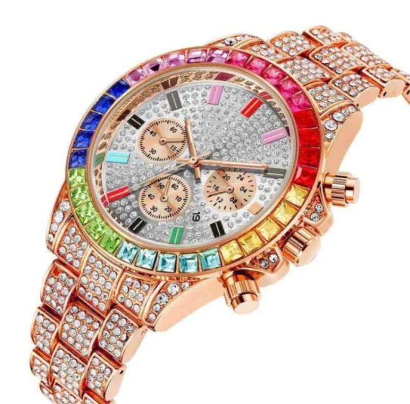 PINTIME Colourful Crystal Diamond Quartz Date Mens Watch Decorative Three Subdials Shining Watches Factory Direct Luxury Rose Gold1712384