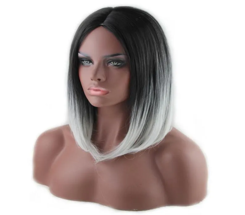 Woodfestival parrucca dritta corta dritta nera grigia ombre intaglio parrucche per le donne cosplay in fibra resistente al calore 35cm6826751